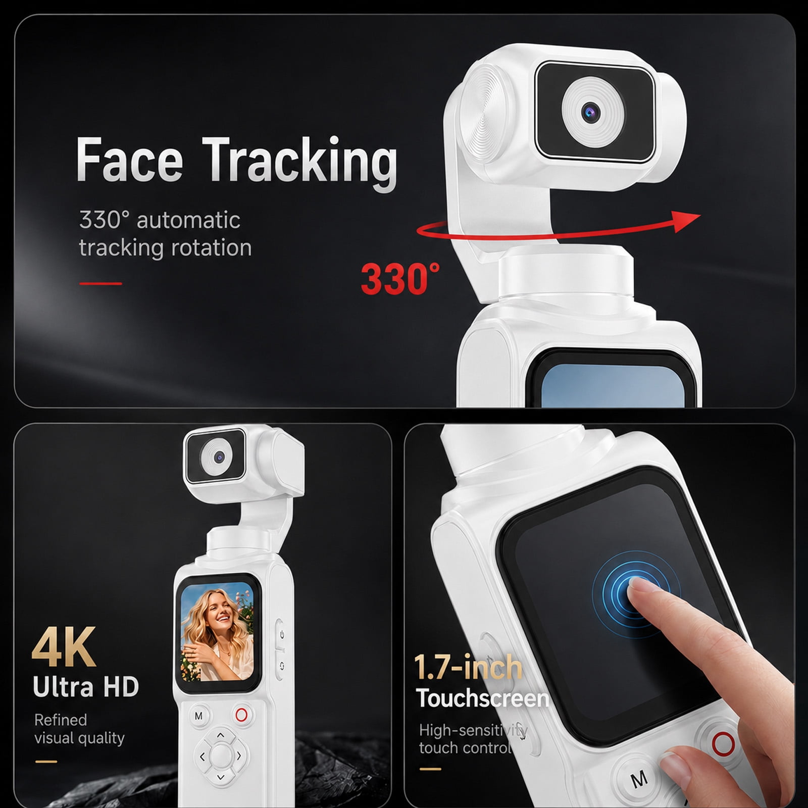 Ourlife White 4K Digital Camera, Pocket Gimbal with 330° Rotation, 1.72" Touch Screen, Face Tracking, 2400mAh Battery, 64GB Card, Compact Camera for Vlogging