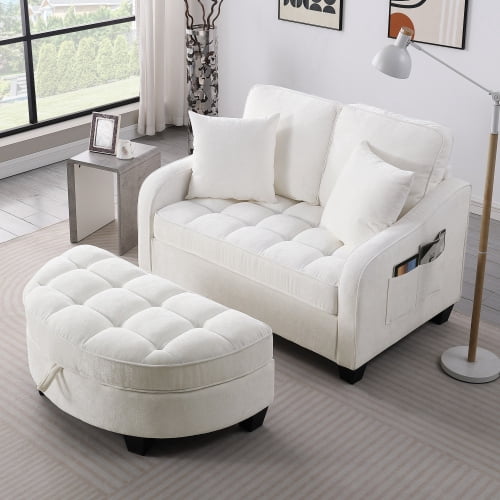 Loveseat Recliner, Double Sofa Bed with Storage Footstool and Irregular Armrests, Corduroy Convertible Bed, Perfect for Living Rooms, Beige