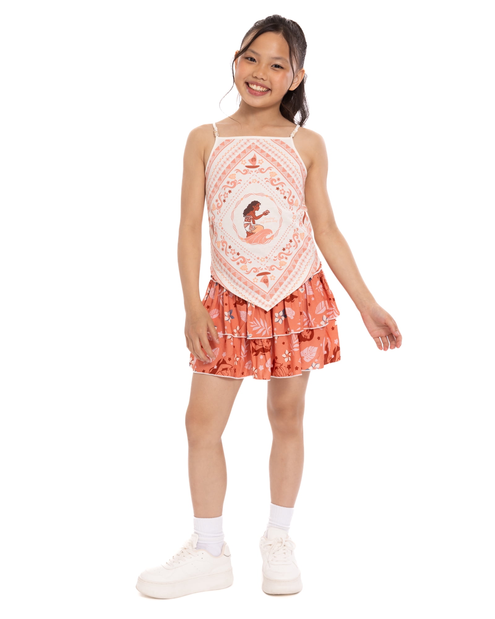 Disney Moana Girl's Graphic Handkerchief Hem Tank Top with Wooden Bead Embellishments, Sizes 4-16
