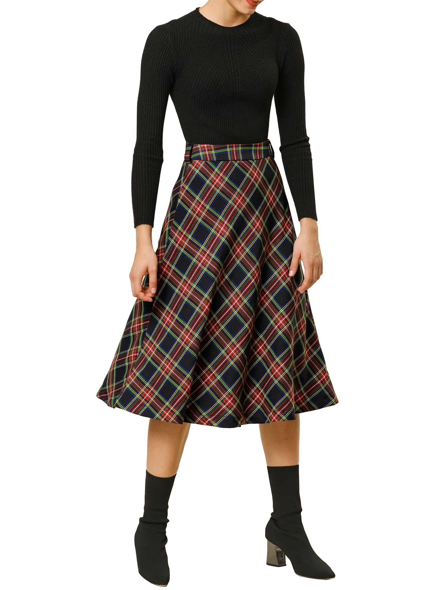 DARING DIVA Women's Plaid Belted Vintage A-Line Midi Skirt S Dark Blue