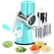 Manual Rotary Cheese Grater and Mandoline Slicer for Vegetable, Nuts, Carrots, Cucumbers, Zucchini, Multiple Stainless Steel Blades (Blue)