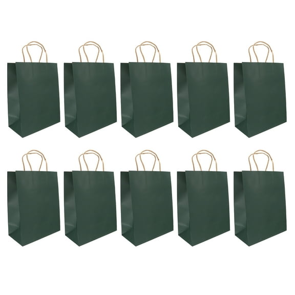 Dark Green Kraft Paper Bags with Sturdy Handles for Storage and Takeaway 10 Pieces