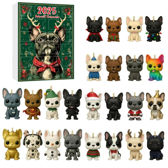 Zawou 2025 Dog Advent Calendar with 24 Mini Surprise Ornaments, French Bulldog Theme for Holiday Countdown and Pet Lovers’ Christmas