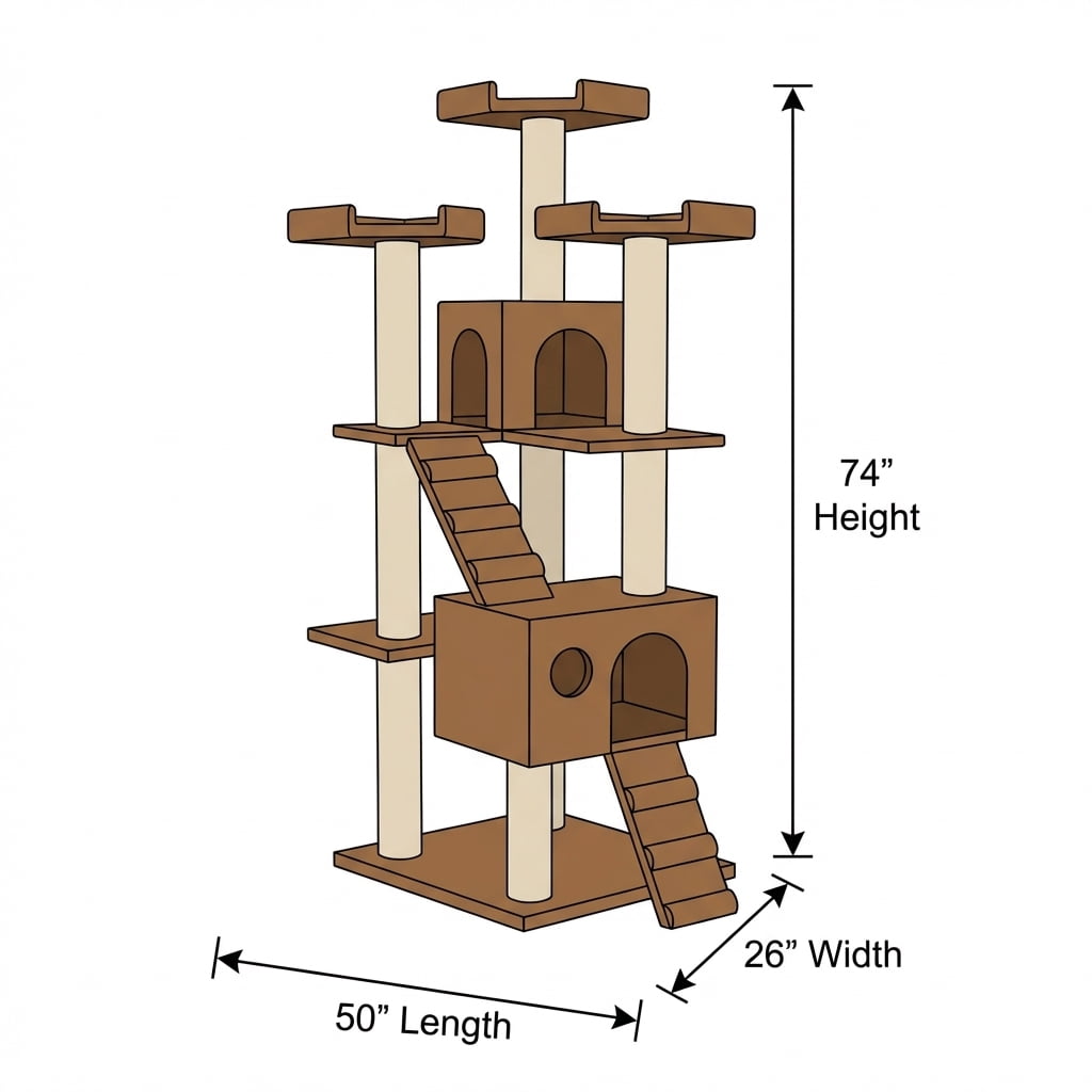 Multi-Level Cat Tree Tower, 74-Inch Tall Activity Center with Condos, Scratching Posts, Plush Cover, Brown