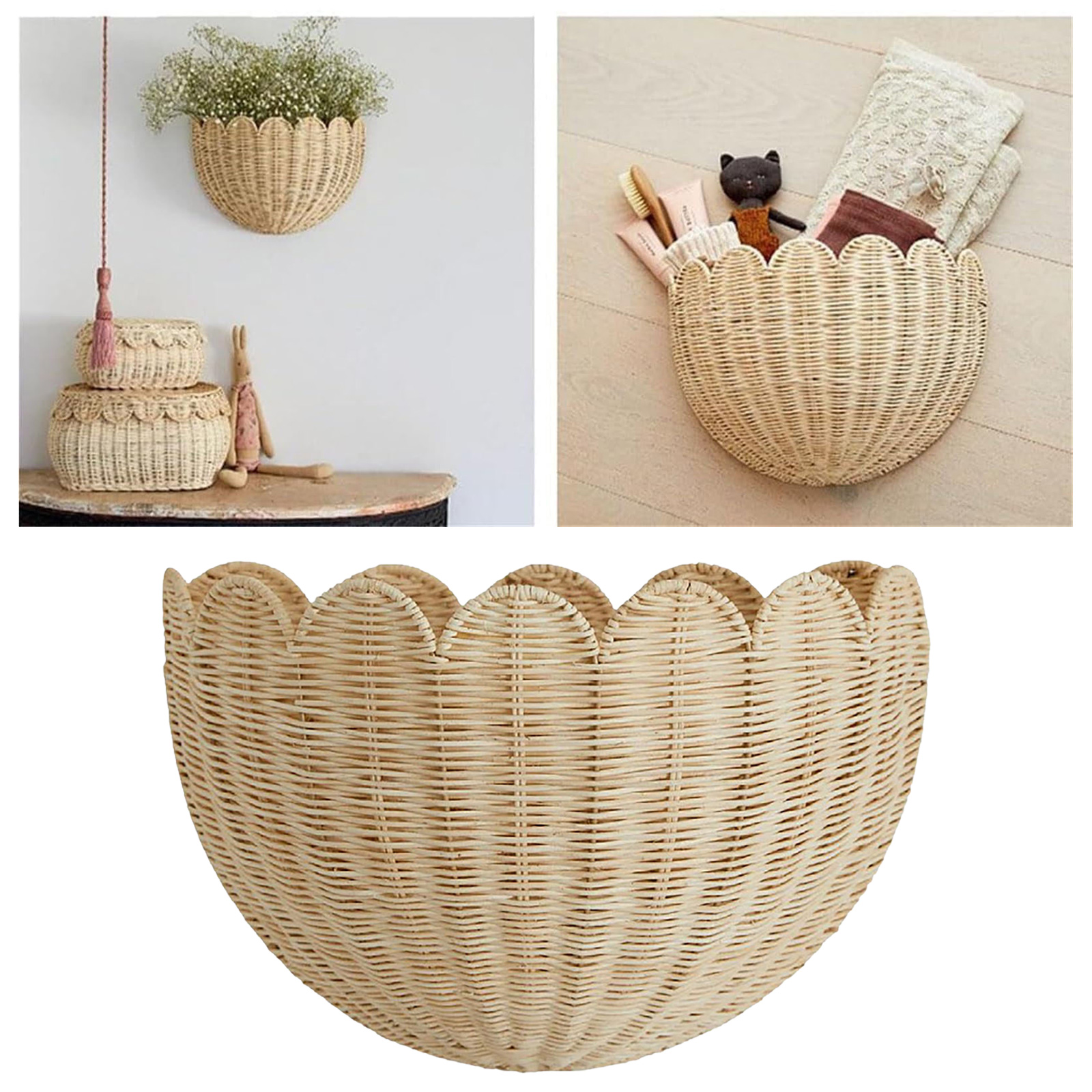 Scalloped Wall Basket,Hanging Hand Woven Wicker Wall Basket with Metal Frame & Hook, Scalloped Rattan Wall Storage & Decor for Home decoration