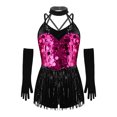thumbnail image 4 of Kaerm Kid Girls Modern Latin Dance Outfit Halter Sequin Fringed Leotard with Gloves Hot Pink 16, 4 of 7
