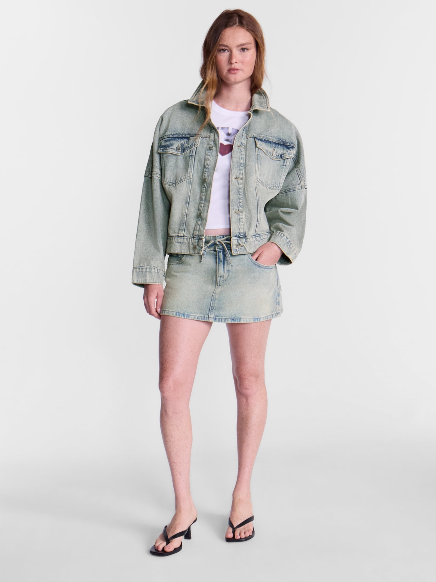 No Boundaries Self Tie Denim Cotton Mini Skort, Women’s XXS-XXL
