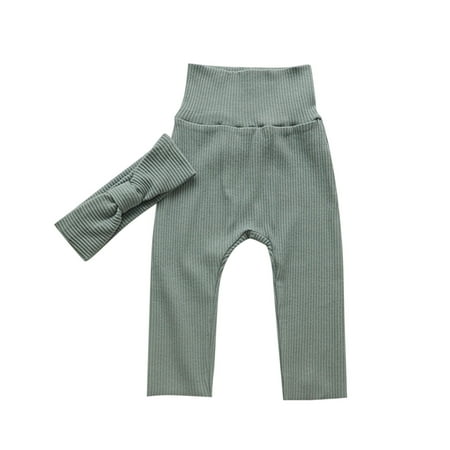 

TAIAOJING Baby Girls Boys Solid Ribbed Cotton Summer Autumn Long Pants Headbands Clothes Fashion Outfit 6-12 Months