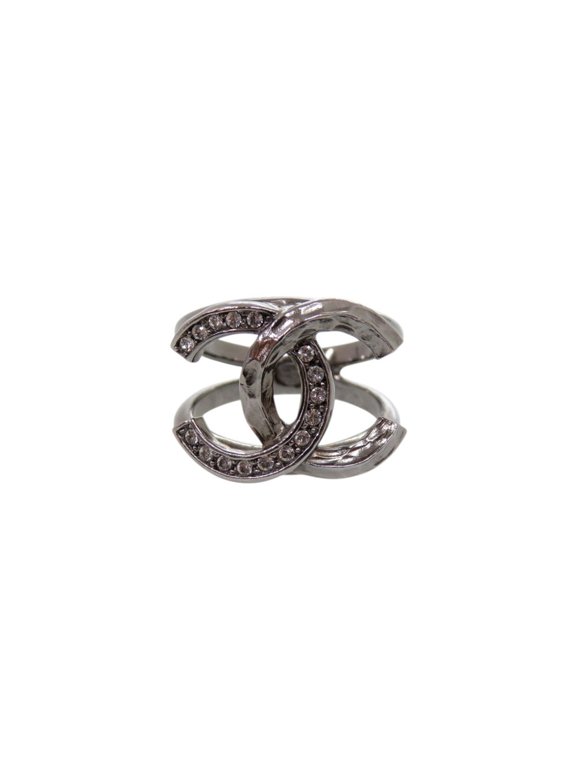 Pre-Owned Chanel Coco Mark Rhinestone Ring, 1 C21K Engraved, Gunmetal, 0597CHANEL