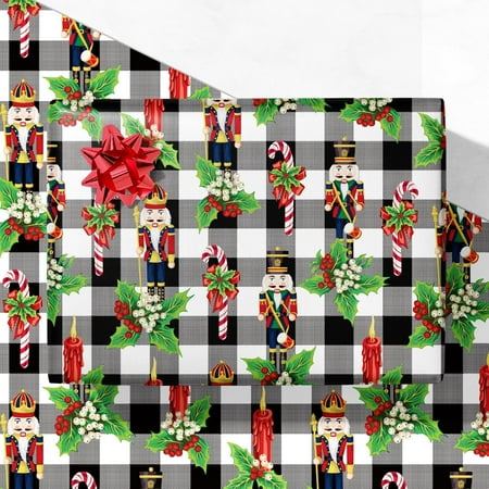 MaxxMarket Nutcracker Christmas Wrapping Paper for Men Women Kids - Holiday Gift Wrap with Black & White Buffalo Plaid, Candy Canes, Holly - 4 Jumbo Sheets, 28″×40″ Each, Easy to Store