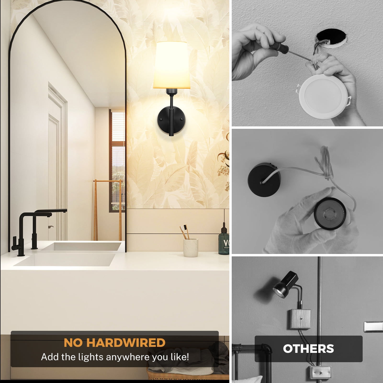 PatioGem Modern Dimmable 2-Light LED Black Bedroom Battery Powered Wall Sconces (2 Count)