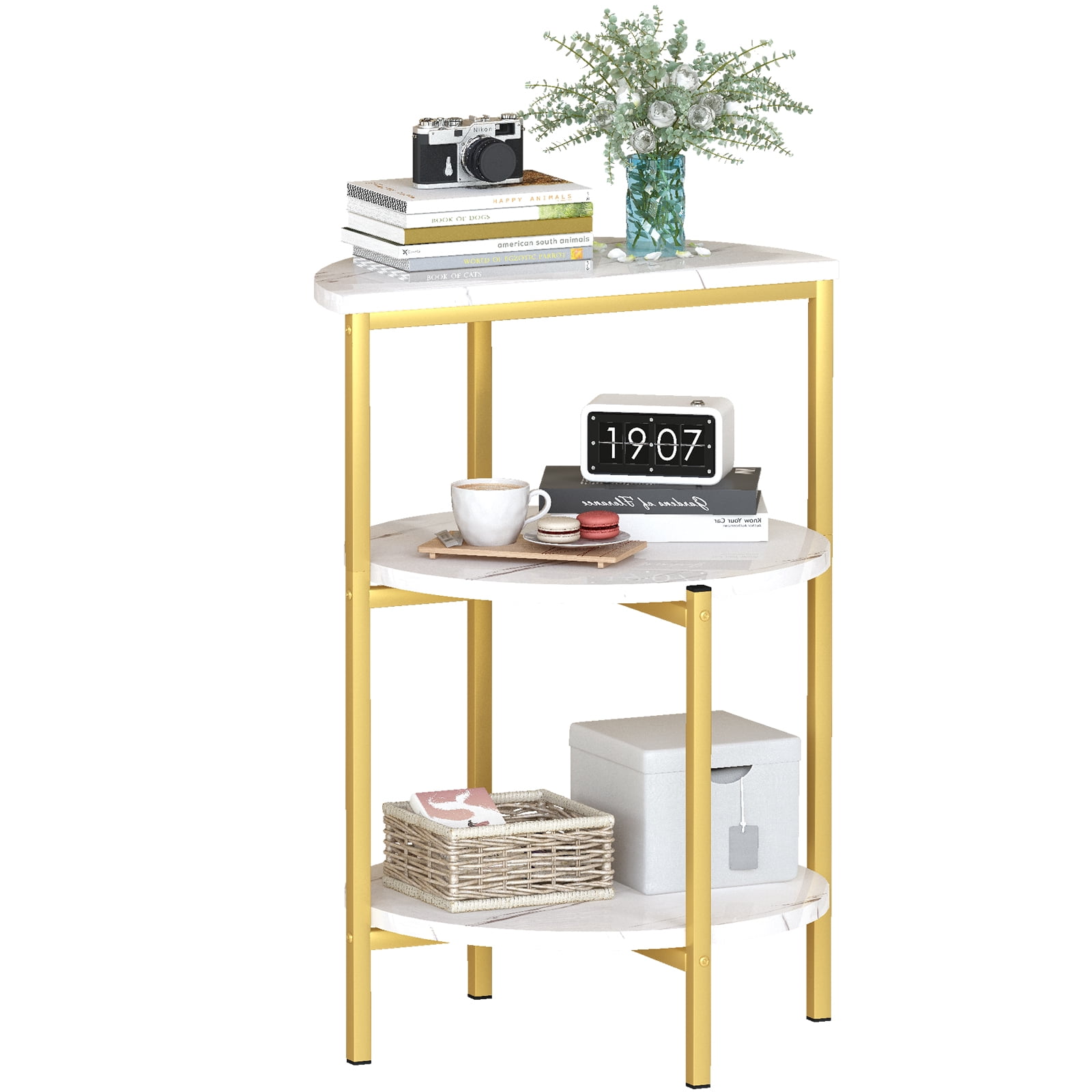 Baxluxe Round End Table with Storage Shelves,3 Legged Faux Marble Small Gold Side Table, Metal Frame Accent Coffee Table Nightstand, 3-Tier Storage Living Room Table for Small Space, White+Gold