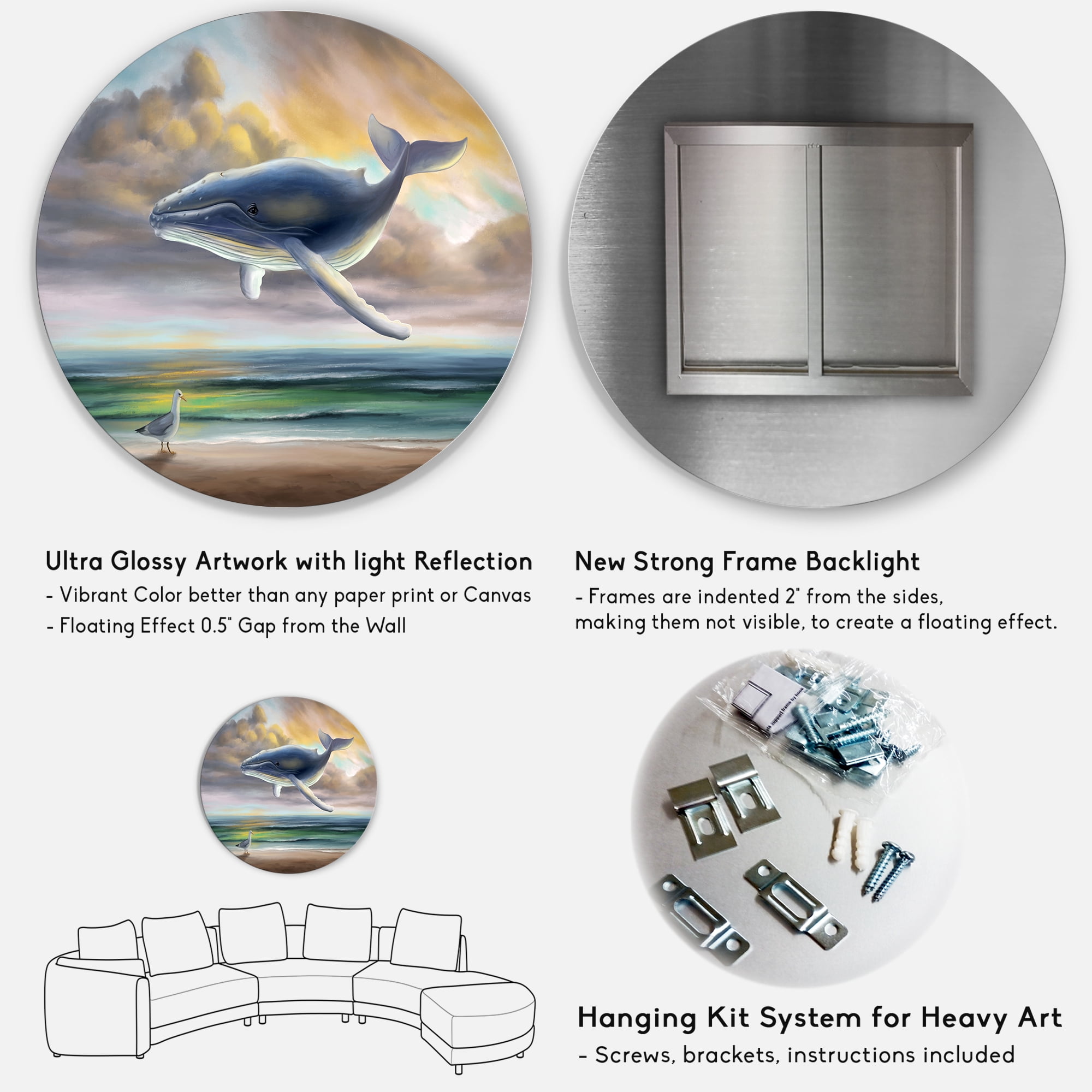 Designart 'Whale Floating In The Sky Over Beach' Children's Art Circle Metal Wall Art 23x23 - Disc of 23