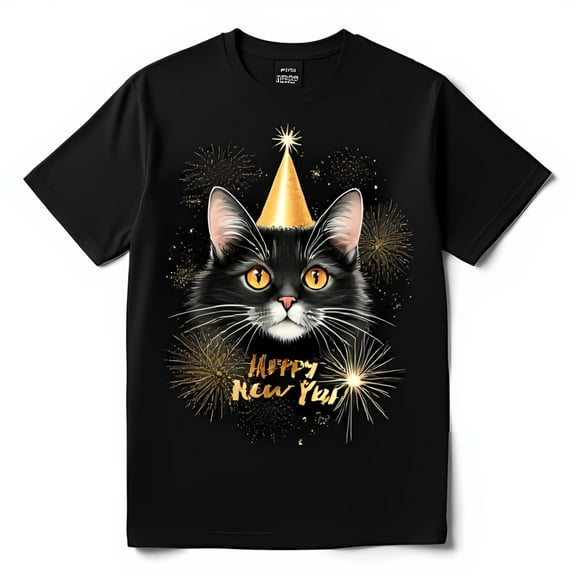 Happy New Year Black Cat T-Shirt with Gold Party Hat & Design