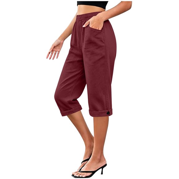 cfhntfmh Capri Pants for Women Straight Leg Casual Pants High Elastic Waist Summer Travel Pants with Pockets
