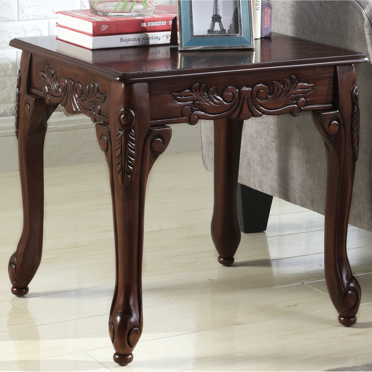 Traditional Wood End Table with Ornate Detailing and Dark Cherry Finish