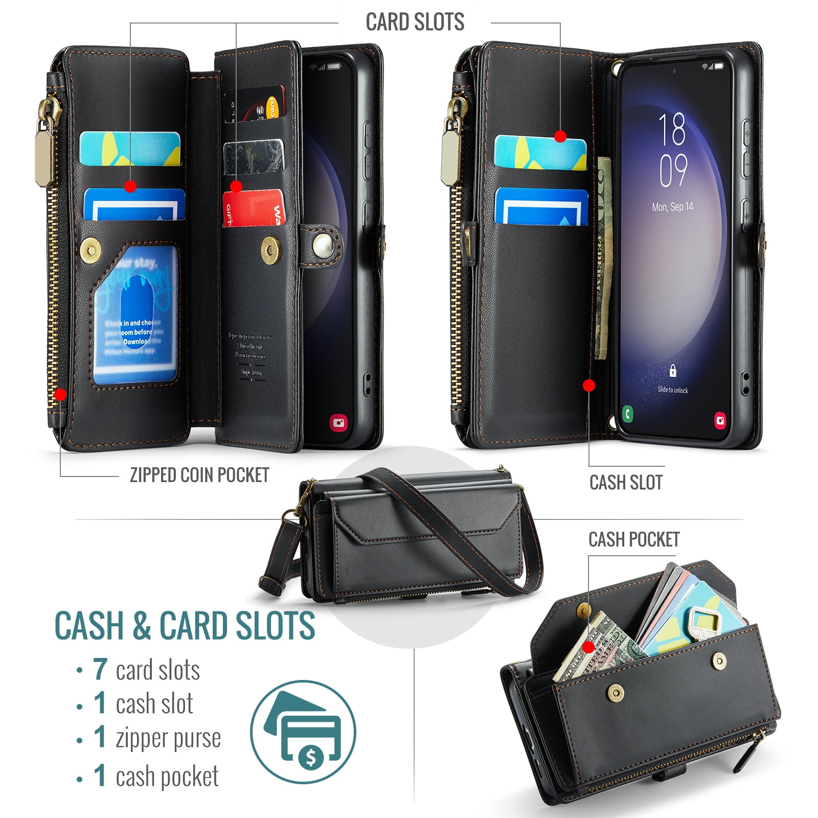 Compatible with Samsung Galaxy S23 5G Zipper Wallet Phone Case Tempered Glass Screen Protector Crossbody Lanyard Strap Flip Card Holder Slot Cell Cover for S 23 23S GS23 G5 SM-S911U 6.1 Women Black