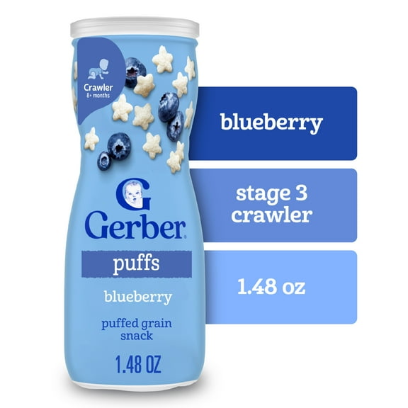 Gerber Snacks for Baby Grain & Grow Puffs, Blueberry, 1.48 oz Canister (6 Pack)
