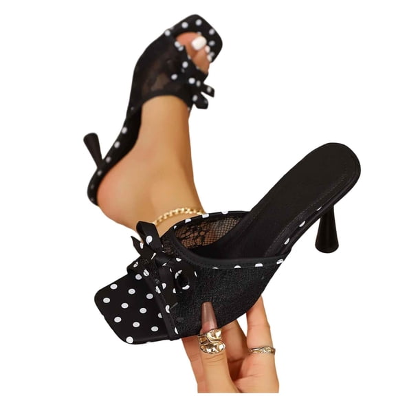 Purcolt Womens Polka Print Mesh Slippers Dreesy Casual Open Square Toe Slim Heel Slide Sandals Comfort Slip On Backless Pumps for Evening Party Wedding