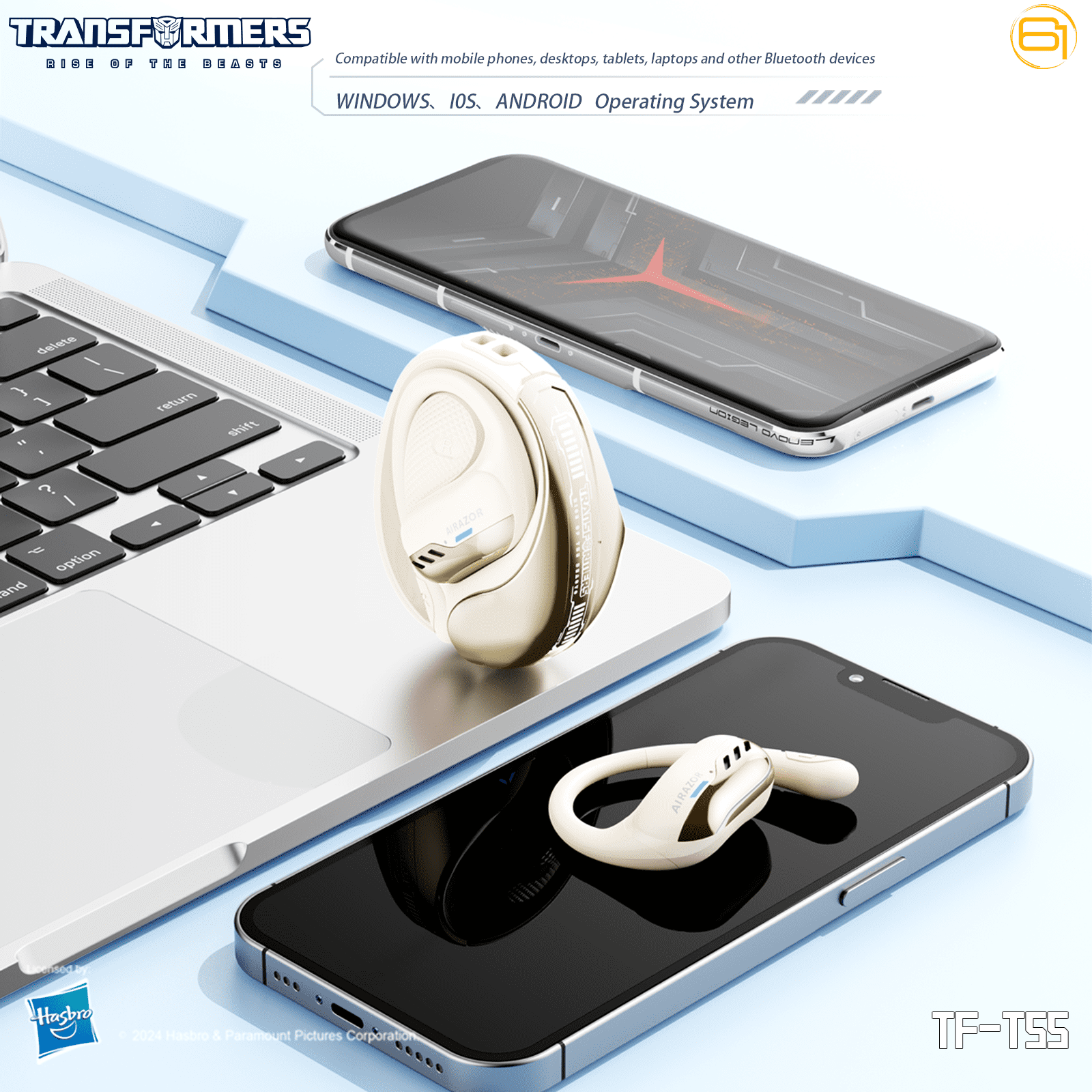 Transformers TF-T55 Open-Back Bluetooth Wireless Earbuds, Sleek Wing-Like Design Passive Noise Cancelling In-Ear Cool HiFi Calling Dual Modes Sports Earphones LED Display – Beige Airazor