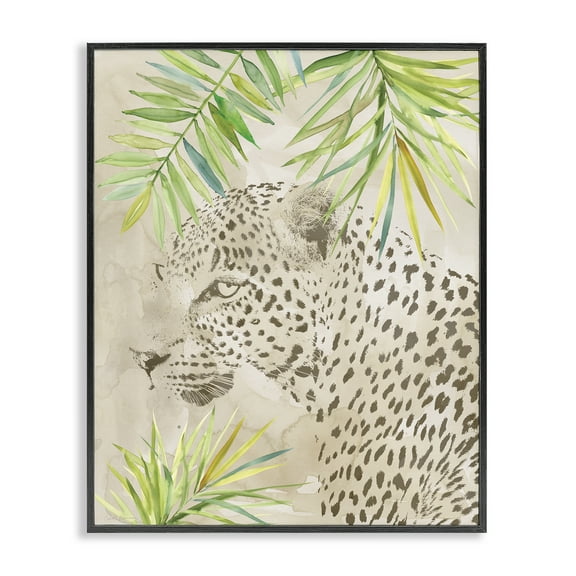 Stupell Industries Leopard Impression & Palms Animals Painting Black Framed Art Print Wall Art, 11 x 14