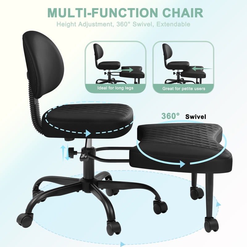 Lacoo Ergonomic Cross Legged Swivel Office Chair,ADHD & Meditation Chair with Retractable footrest,Adjustable Height with Back Support,PU Leather, Black