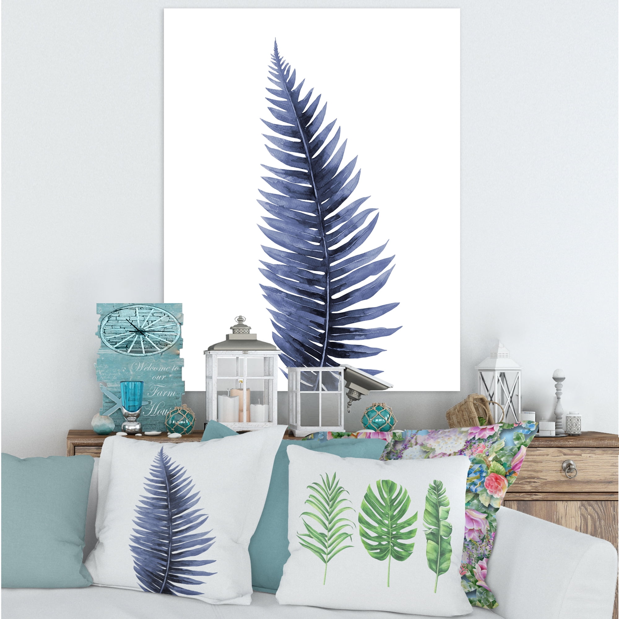 Designart ' Tropical Blue Watercolour Leaves On White ' Bohemian & Eclectic Canvas Wall Art Print