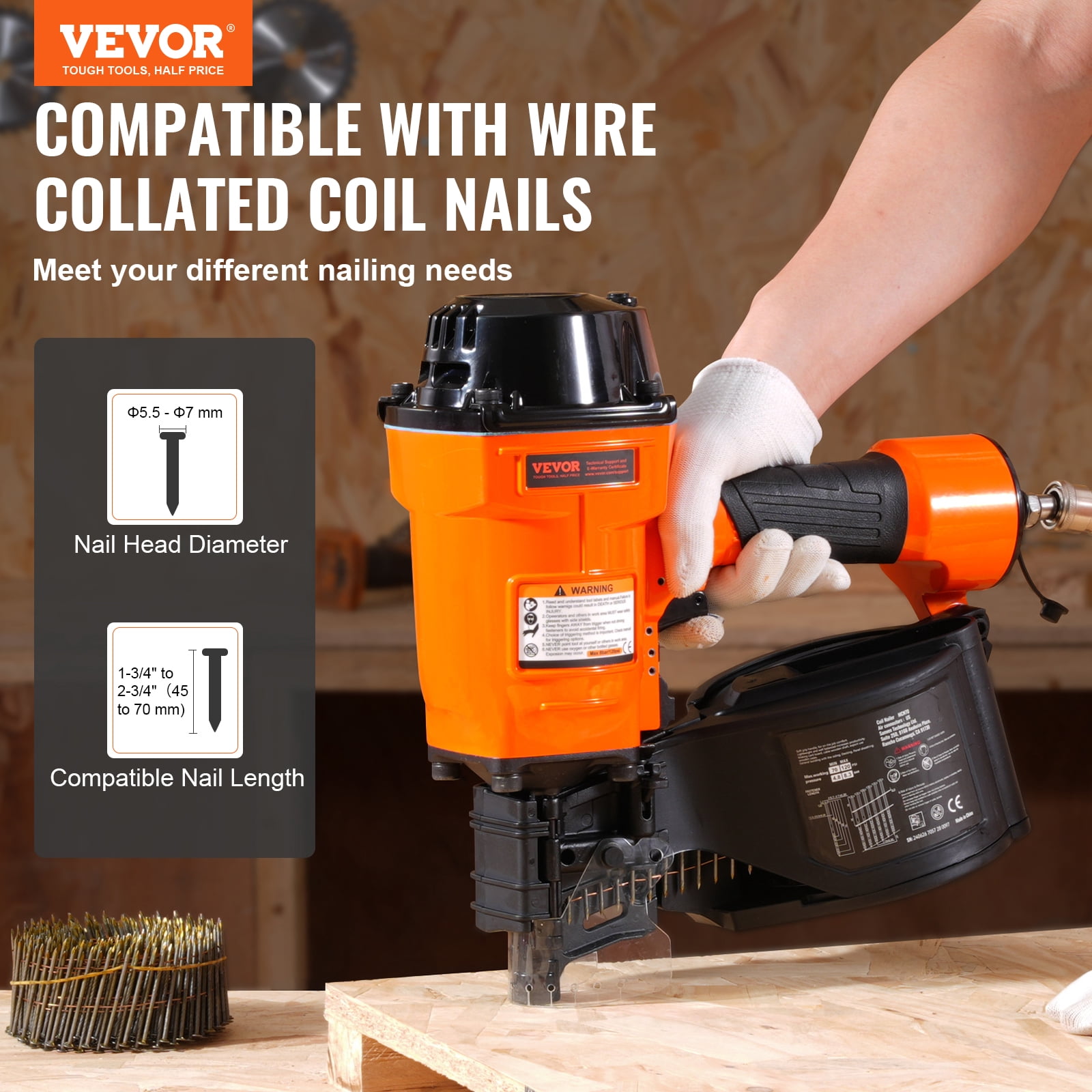 VEVOR Coil Siding Nailer MCN70, 1-3/4" to 2-3/4" 15 Degree Pneumatic Siding Nail Gun, 70-120PSI Air Coil Nailer for Pallet, Crating, Framing, Siding and Fencing