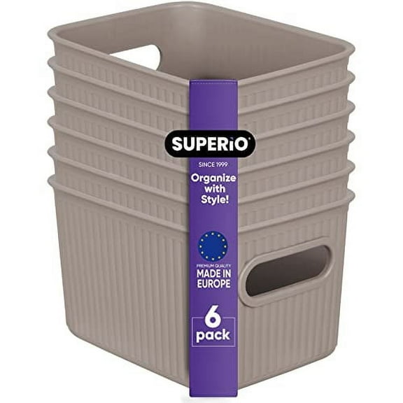 Superio 1.5 L Mini Ribbed Storage Bin- Plastic Storage Basket (Taupe, 6 Pack)