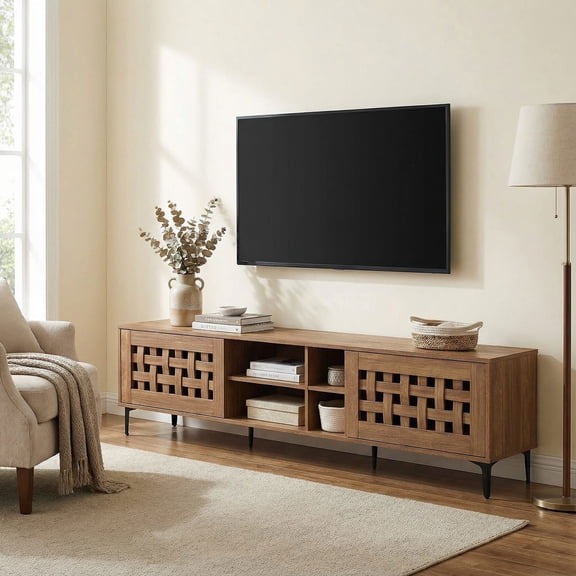 Resenkos TV Stand for TVs up to 70 Inch Waveform Fluted, Modern Media Console with Open Shelves for Living Room, Oak