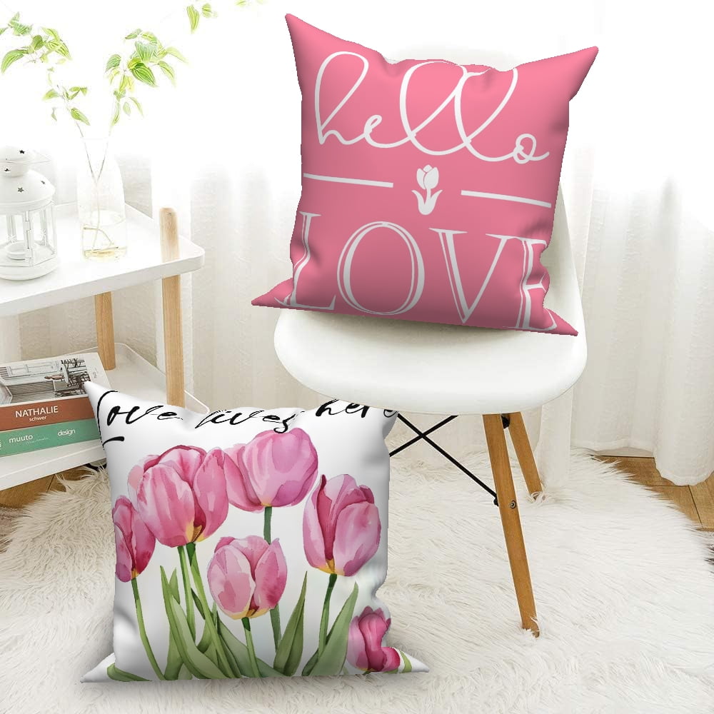 Dashan Spring Floral Throw Pillow Covers 20x20 Set of 4,Pink Tulips Flowers Decorative Pillow Cases for Bedroom Sofa Couch