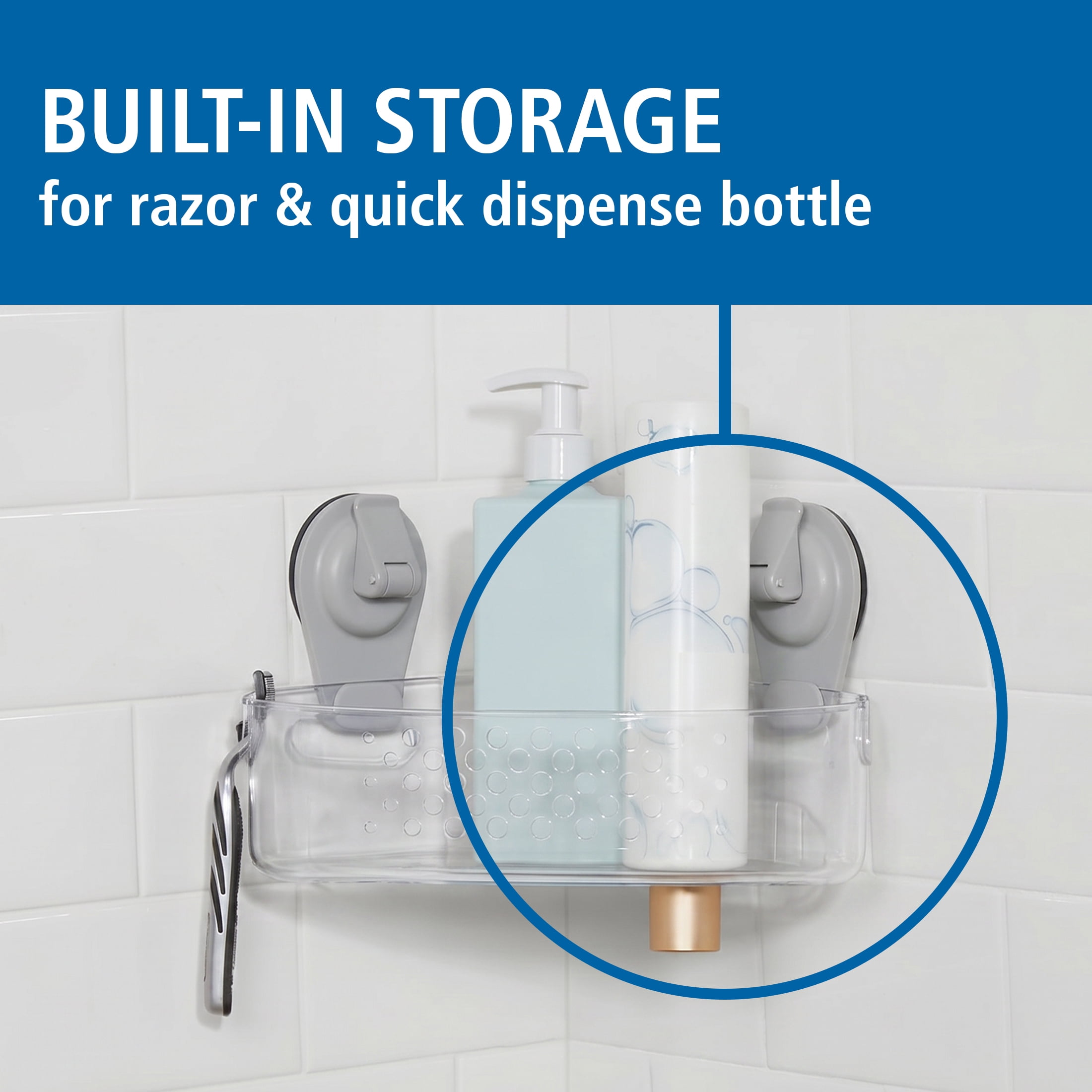 Mainstays Wall-Mounted Corner Suction Bath Basket, Easy to Install Shower Caddy, No Tools, Clear