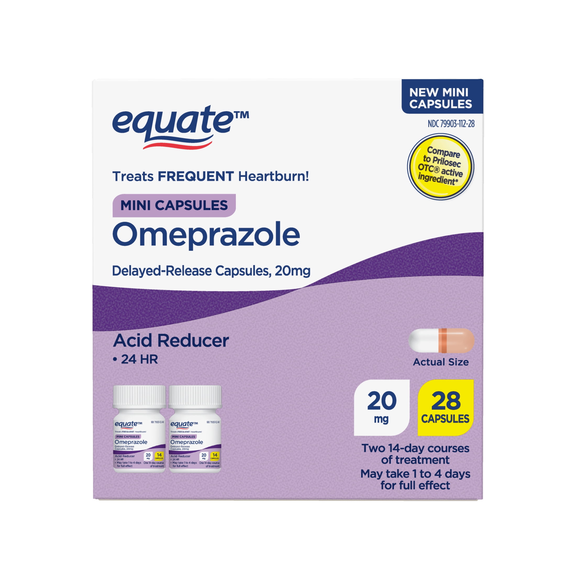 Equate Omeprazole Delayed Release Mini Capsules 20 mg, Frequent Heartburn Medicine, 28 Count
