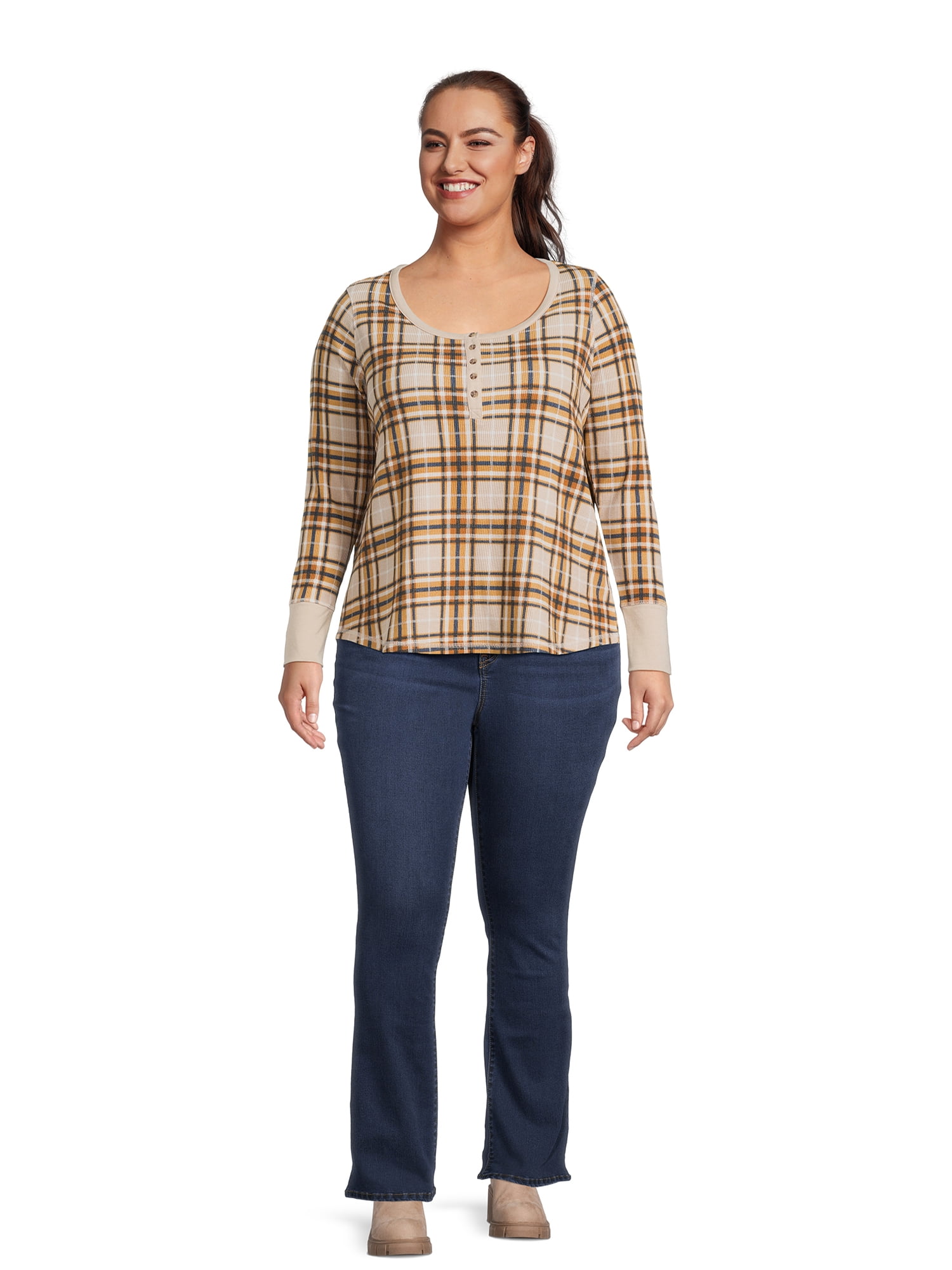 Terry & Sky Women’s Plus Size Henley Waffle Tee with Long Sleeves, 2- Pack