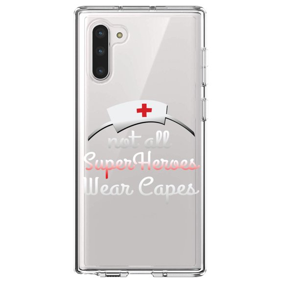 DistinctInk Clear Shockproof Hybrid Case for Samsung Galaxy Note 10 (6.3" Screen) - TPU Bumper Acrylic Back Tempered Glass Screen Protector - Nurse - Not All Super Heroes Wear Capes