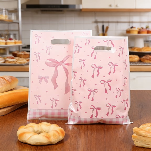 200Pcs Present Bag with Handle Wildflower Bow Goodie Candy Treat Plastic Party Favor Bag for Birthday Baby Shower