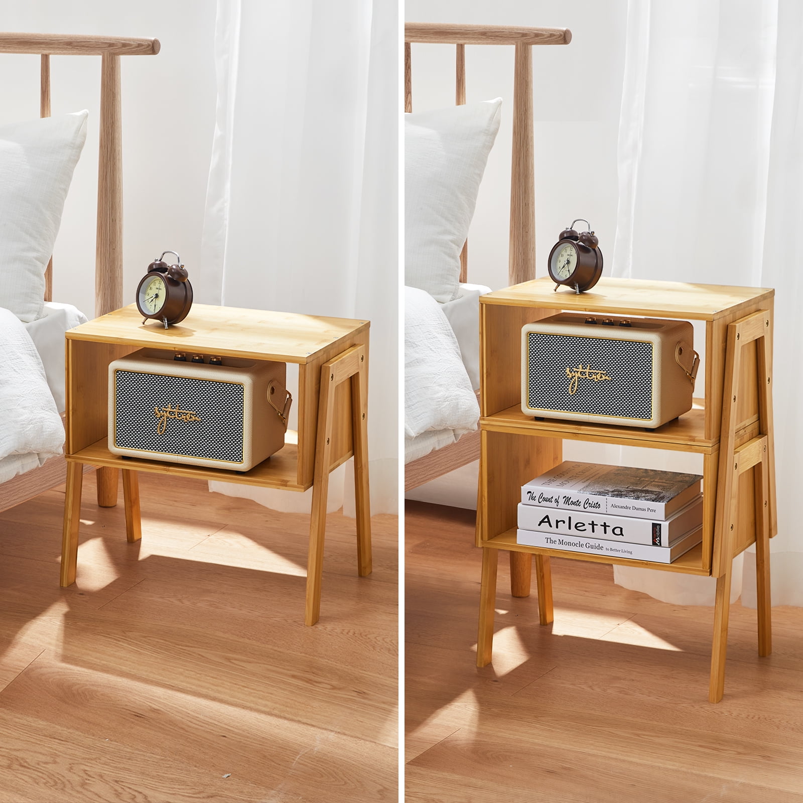 MONINXS Stackable End Tables, Bamboo Bedside Tables Storage Night tables for Bedroom, Set of 2