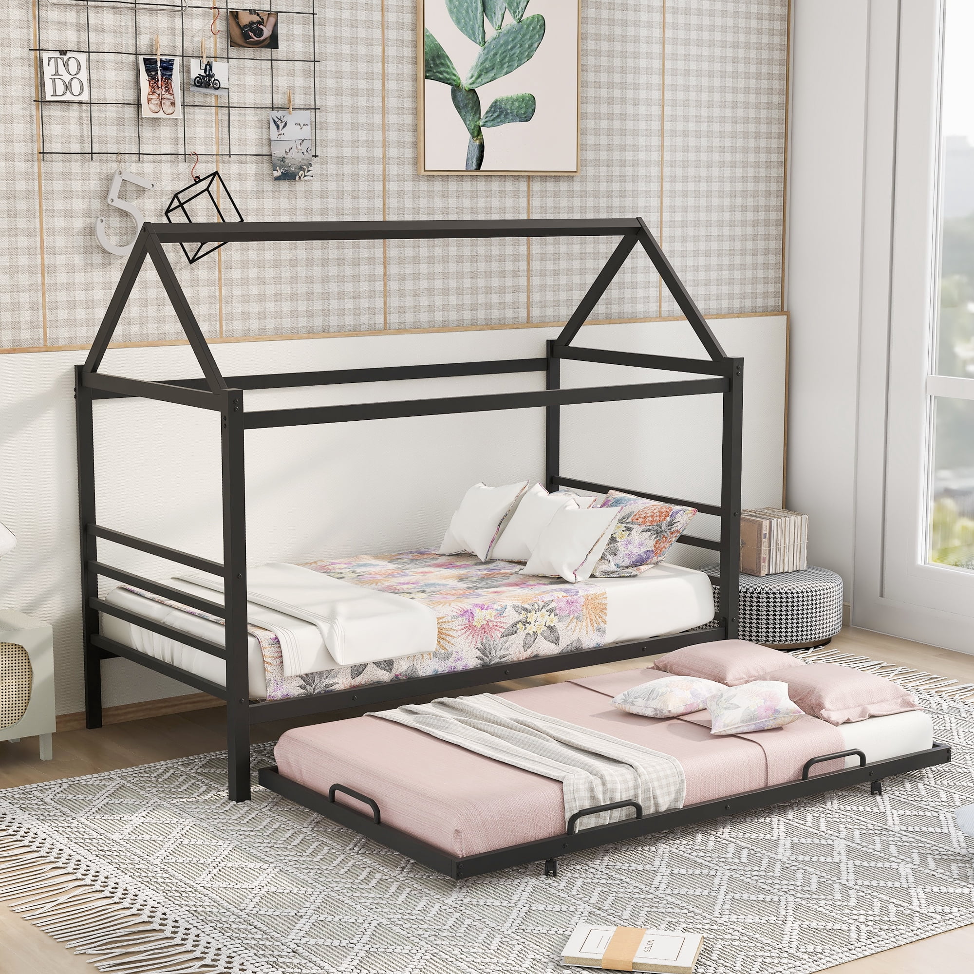 Ryan Twin Size Metal Bed, Platform Foundation, Black Curved Spindle Frame By Casagear Home main image 1