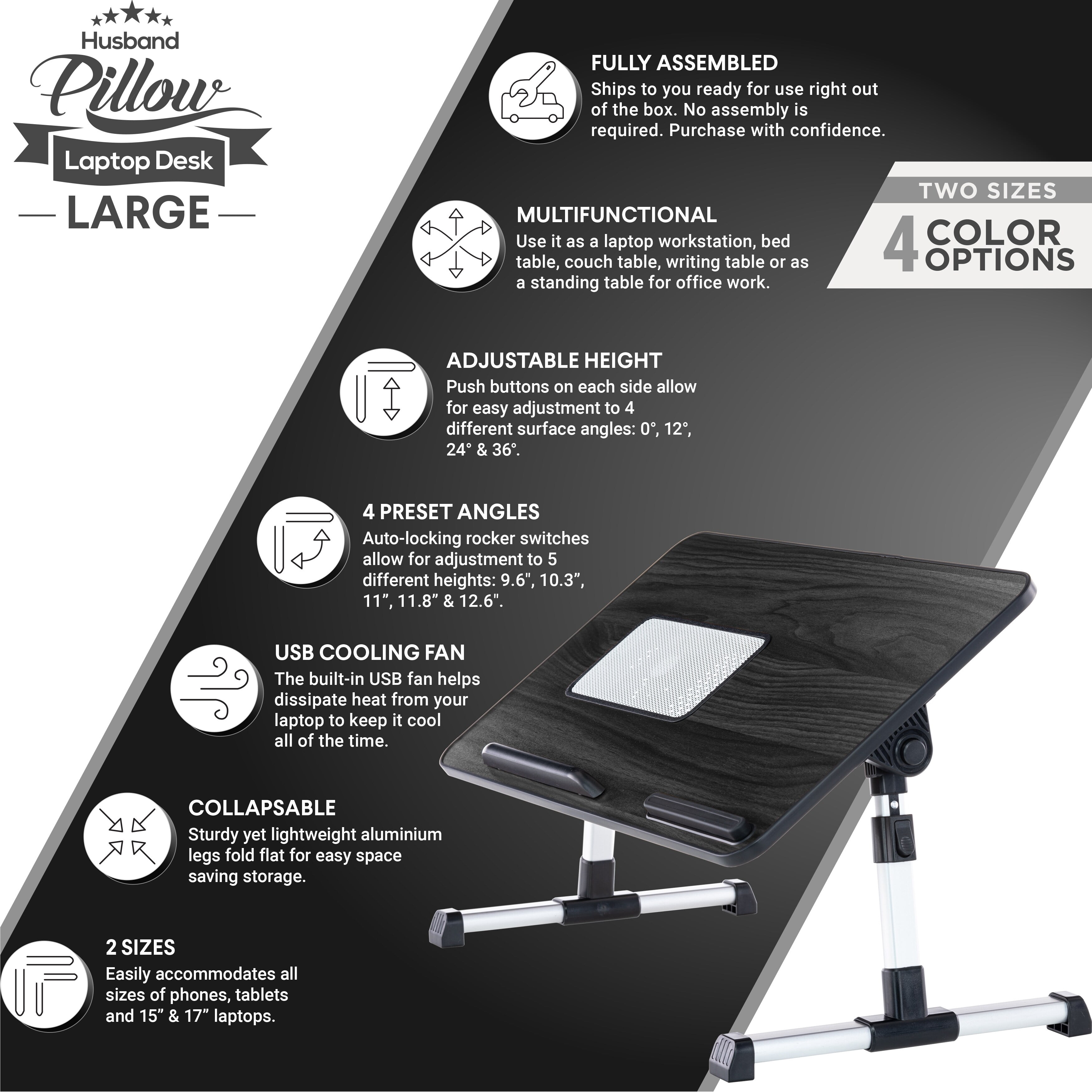 Husband Pillow - Lap Desk Grey Large Wood Top - Fits Up to 17" Laptop - with Dual Cushion, Wrist Rest & Built-in Mouse Pad, Portable Laptop Stand for Bed, Multifunctional Slot for Tablet, Pen & Phone