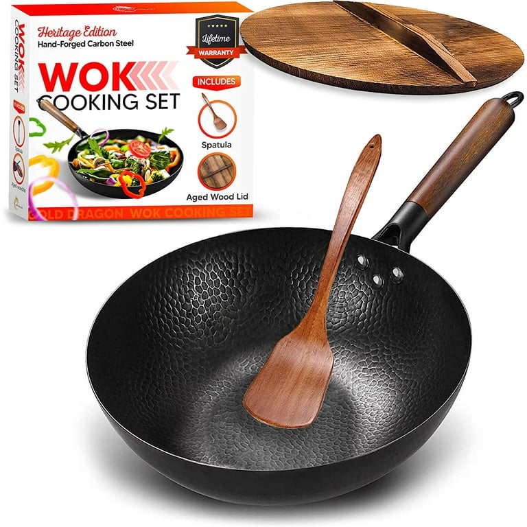 Carbon Steel Wok Pan 32cm Stir Fry Wok Set with Wooden Lid Non-Stick Flat  Bottom Frying Pan for Electric Induction and Gas Stove