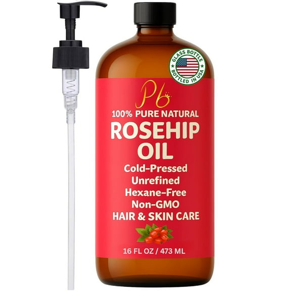 Cold-Pressed Unrefined Rosehip Seed Oil – 16 fl oz Bulk Size Glass Bottle with Pump – Rosehip Oil for Face, Skin & Hair Care