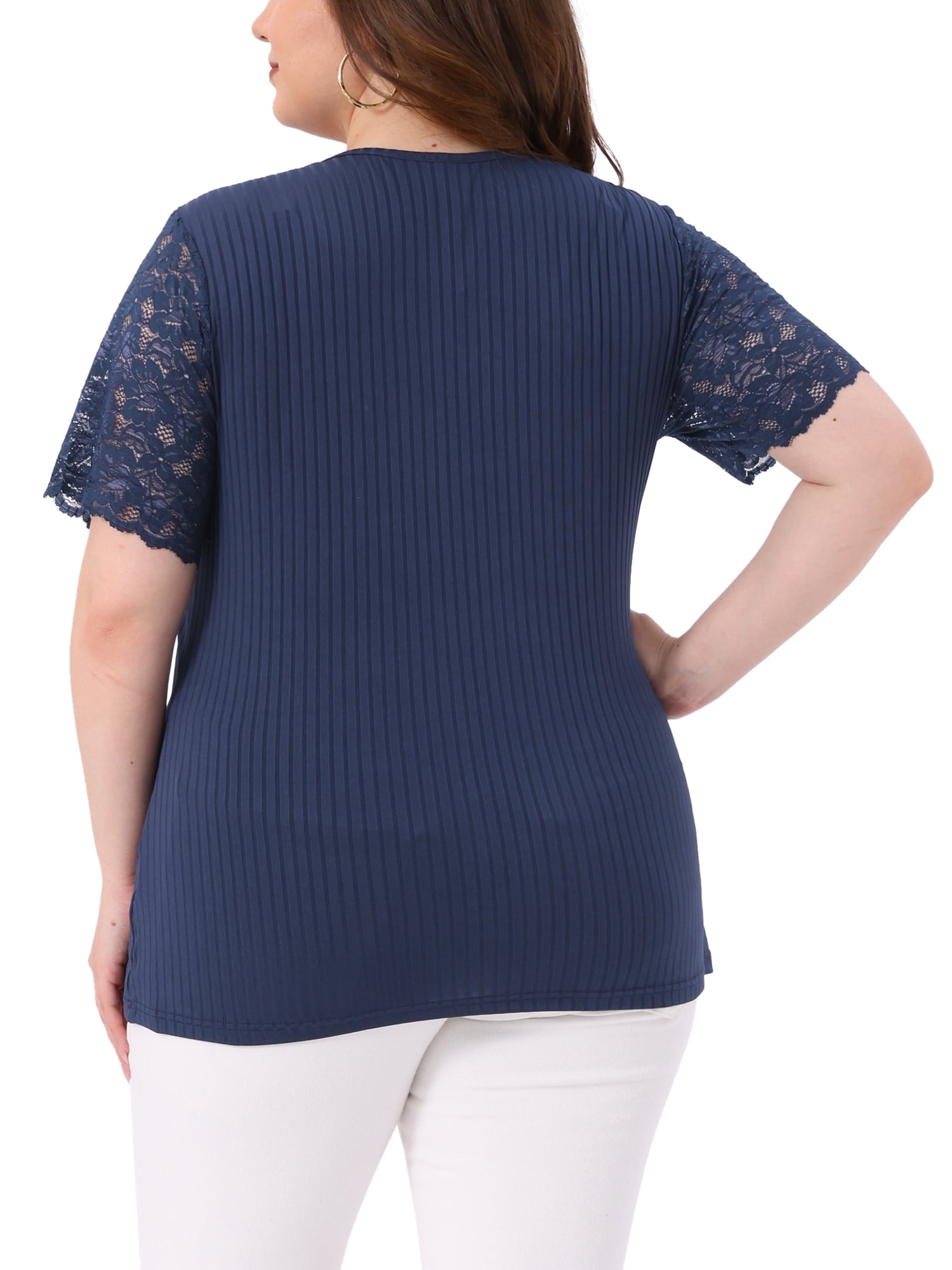 DARING DIVA Women's Plus V Neck Short Sleeve Lace Ribbed Knit Blouse 3X Navy Blue