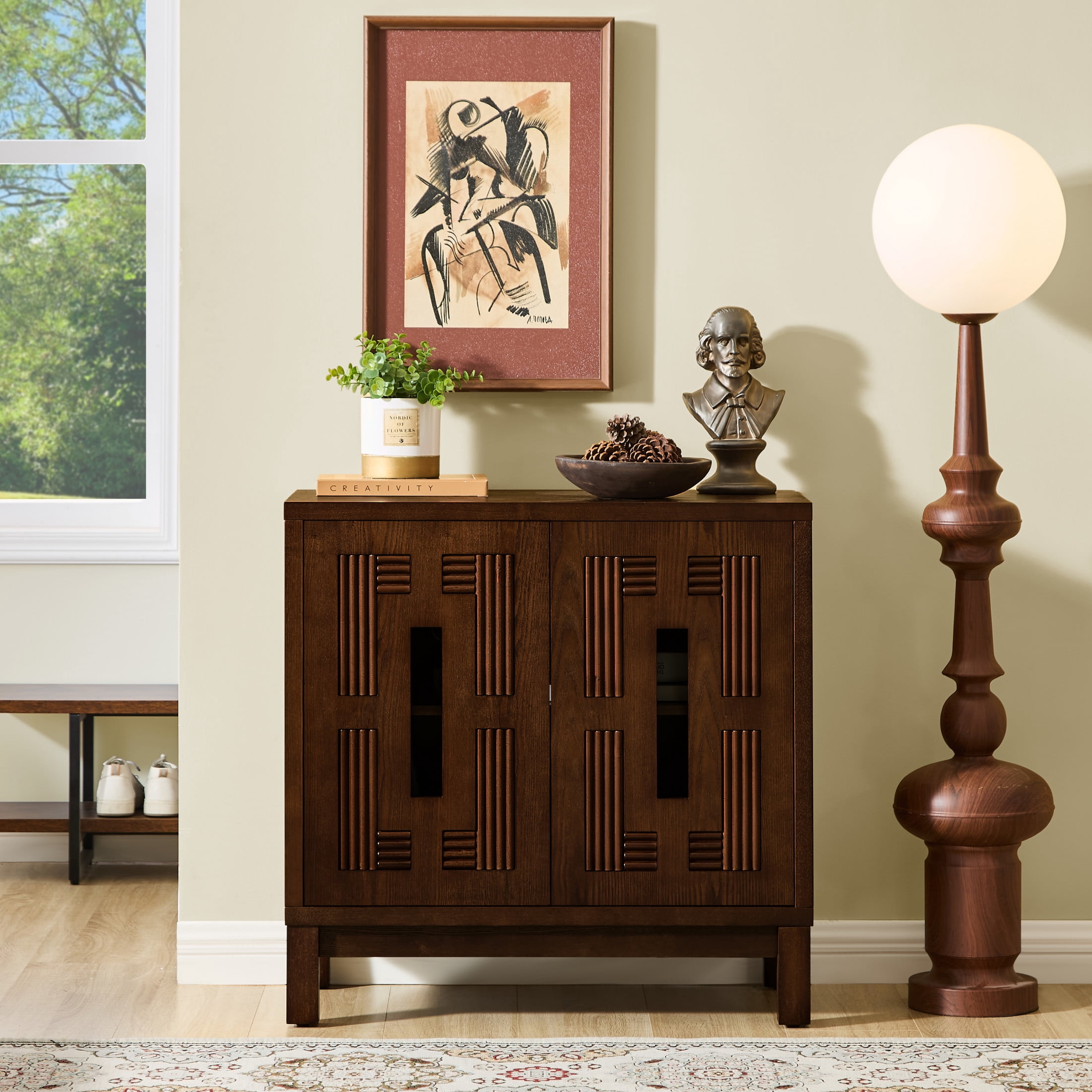 GDF Studio 31.5" Mid Century Modern Sideboard Cabinet with 2 Doors, Adjustable Shelf, Carved Openwork, Walnut