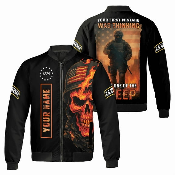 Custom U.S. Veteran Bomber Jacket – Tactical Skull Soldier Flame Design – Personalized Military Tribute Coat with Name