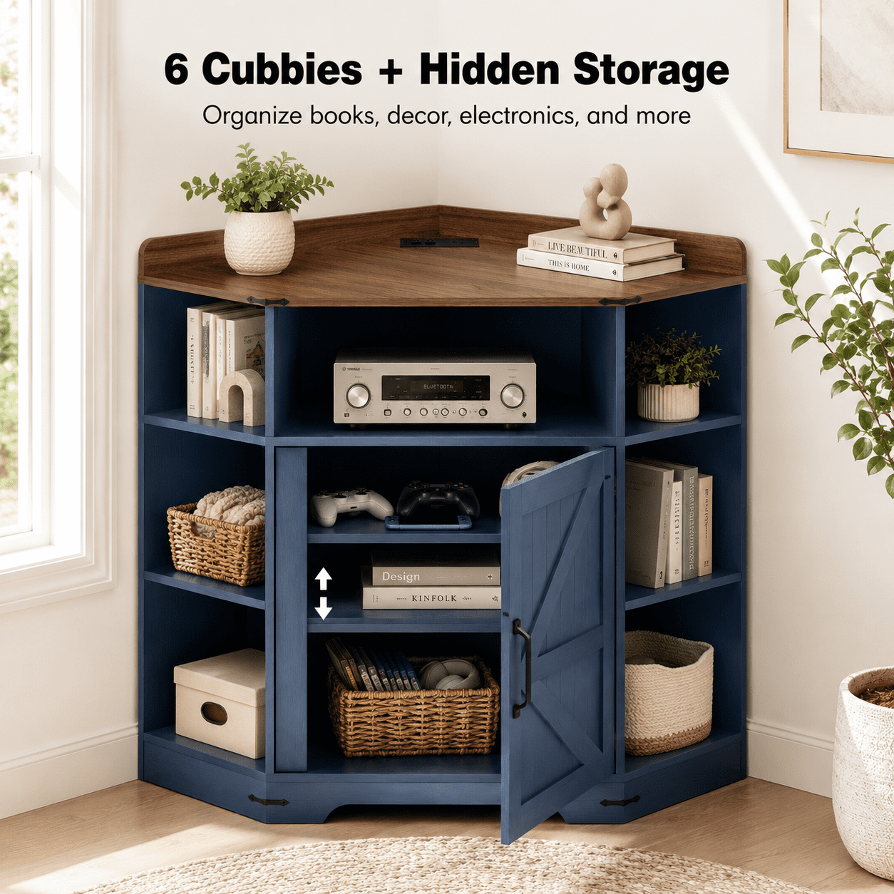 Aukfa Corner Cabinet with Charging Station,3-Tier Storage Shelf with 6 Cubbies, Navy