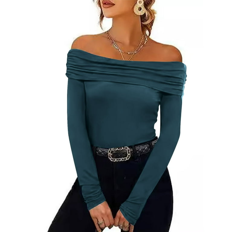 Women's Sexy Off Shoulder Tops Double Lined Long Sleeve T Shirts Slim Fit  Stretch Y2k Streetwear Going Out Clothes - Walmart.com