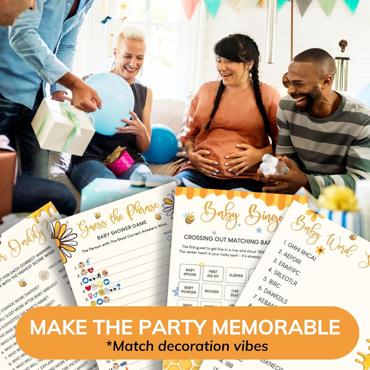 Bumble Bee Baby Shower Games for Girl Boy - 4 Funny Party Games for Bee Baby Shower Decorations, Word Scramble Bingo Mommy Or Daddy Game Cards for 25 Guests