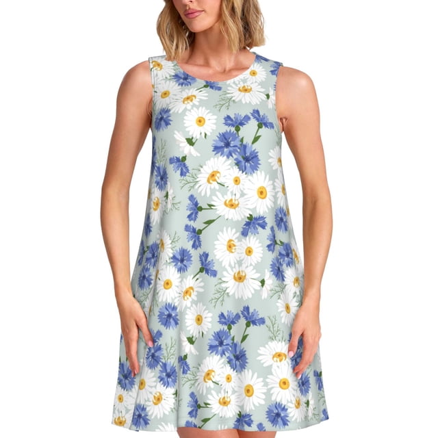 Fotbe Daisies Flowers Vestido de Verano sin Mangas para Mujer – Vestido Midi Línea A, Estilo Camiseta Floral, Vestido Playero Casual y Fluido
