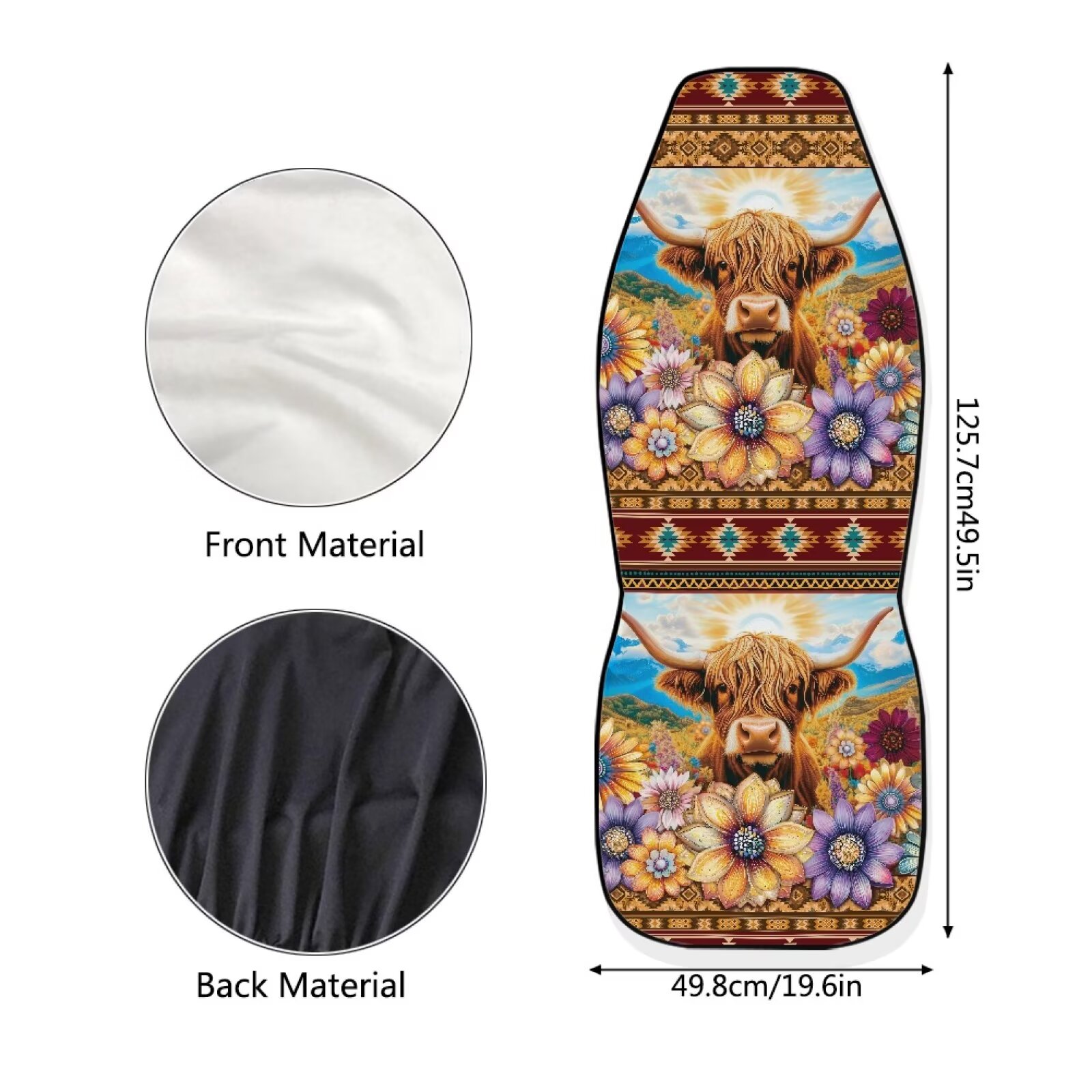 Binienty Highland Cow Car Seat Covers Set of 2 Aztec Floral Vehicle Front Seat Cushions Automobile Seats Protector Pad Mat Auto Interior Accessories for Women Girly Highland Cow Lovers