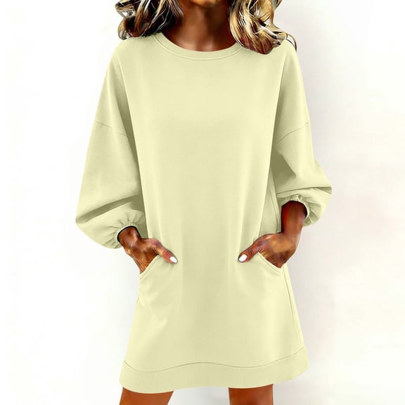 Women's Longline Sweatshirt, Oversized Solid Color Pullover with Pocket, Casual Round Neck Long Sleeve Top, Loose Fit Lounge Wear, Daily Wear Shirt Beige L